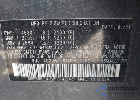 2021 Subaru Legacy Limited из США, поврежденный, VIN 4S3BWAN64M3011162